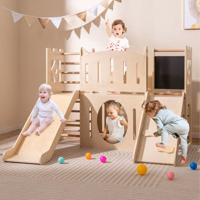 Costway 8-in-1 Creative Toddler Slide in Beige and Brown Wood