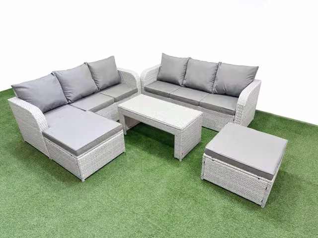 Fimous 8 Seater Grey Rattan Garden Furniture Set with High Back Lounge Sofa, Oblong Coffee Table and 2 Ottomans