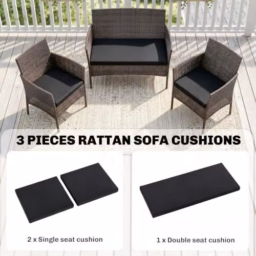 Outsunny Set of 3 Black Rectangular Rattan Garden Seat Cushion Pads with Removable Washable Polyester Covers – 4