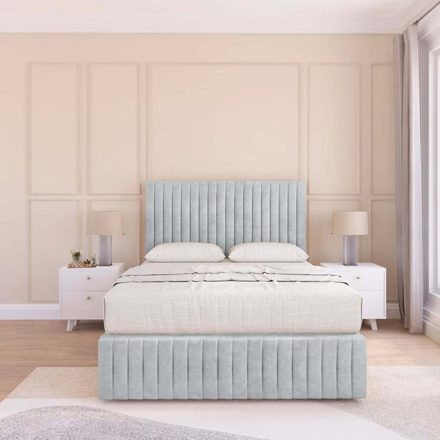 Sloomy Madison Divan Bed Base with 12 inch Footboard and 54 inch Floor Standing Headboard, Silver Velvet Upholstered, W/D/H: 120 x 200 x 76.2 cm