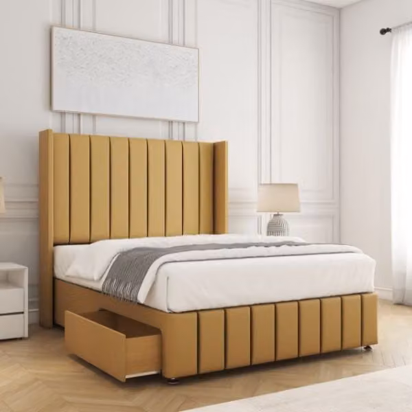 BSSPOKE Zoe Small Double Divan Bed with 54 inch Headboard and 2 Drawers in Mustard Yellow Plush Velvet, W/D/H: 120 x 200 cm