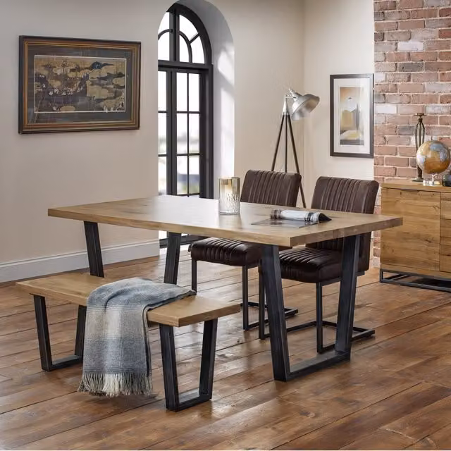 Julian Bowen Brooklyn Oak Industrial Rectangular Dining Set in Brown with 1 Table, 1 Bench and 2 Chairs