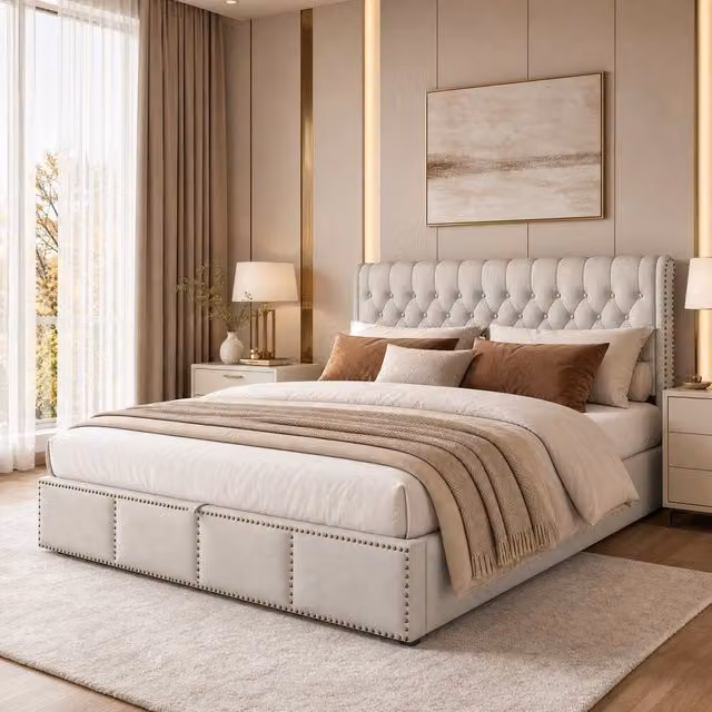 STILVORA Upholstered Fabric Bed with Lift Up Storage Base in Grey, W/D/H: 180 x 200 x 102.5 cm
