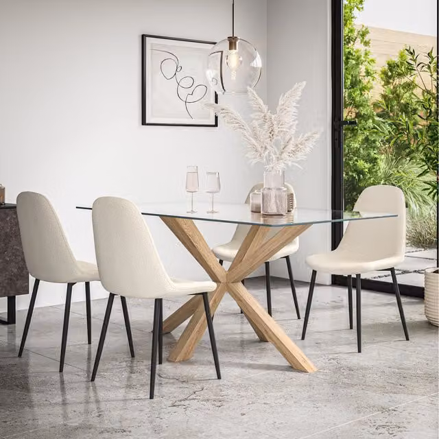 More4Homes Etta Glass Dining Table Set with Oak Legs and 4 Maya Boucle Chairs in Ivory White and Transparent