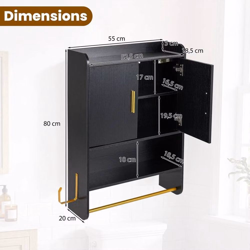 EONLION Modern Matt Black Wall Mounted Bathroom and Kitchen Cabinet with Hinged Doors and Internal Shelves – 2
