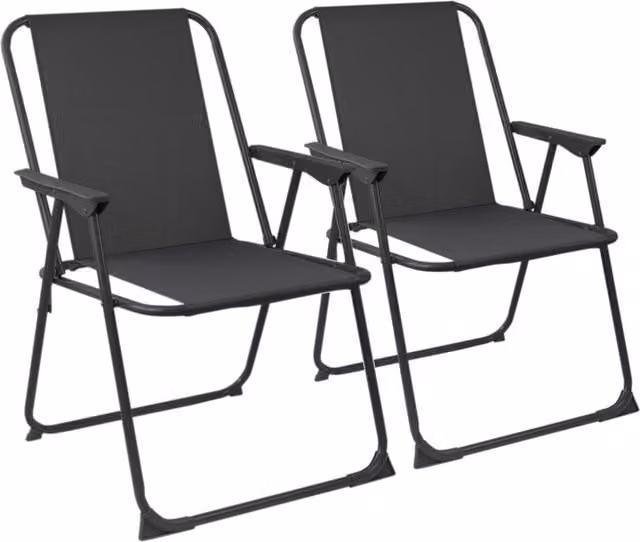 Harbour Housewares Set of 2 Folding Metal Beach Deck Chairs in Black with Textilene Fabric and Armrests
