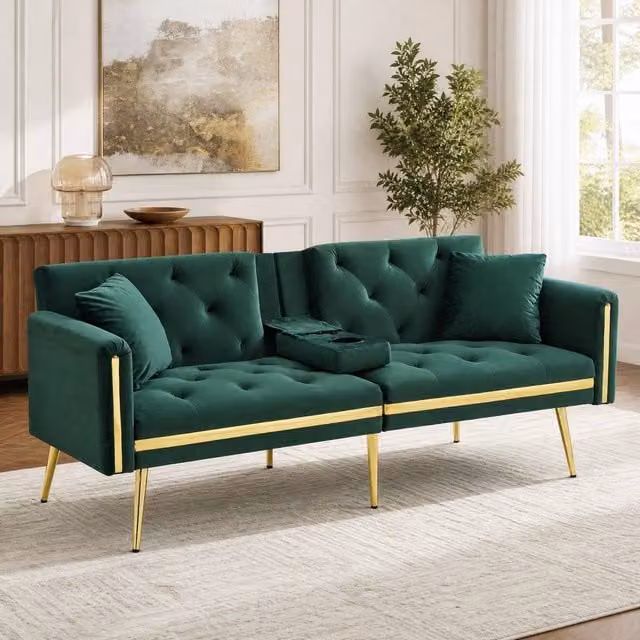 STILVORA 2-Seater Green Velvet Sofa Bed with Adjustable Headrest, Cup Holders and Metal Frame – 1