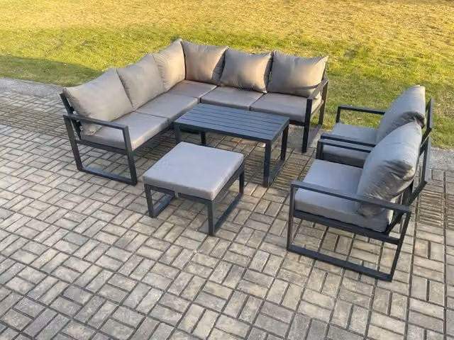 Fimous Aluminium Outdoor Garden Furniture Set in Dark Grey with 2 Seater Sofa, Coffee Table and Ottoman