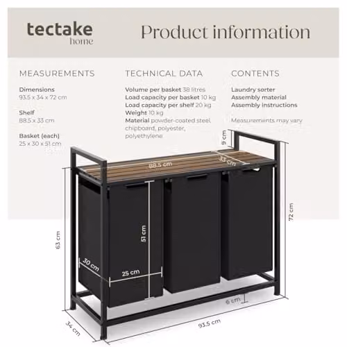 tectake Triple Laundry Basket with 3 x 38L Capacity, Water- and Smell-Resistant Fabric, Pull-Out Baskets with Steel Frame and Wooden Look Top Shelf, Black/Brown – 6