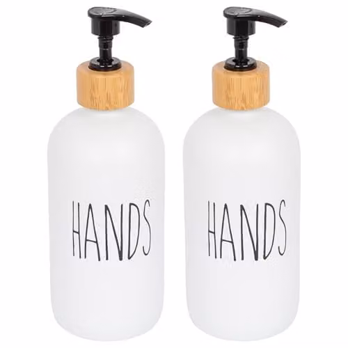 Harbour Housewares Pack of 2 White Glass Hand Soap Dispensers, 500ml Refillable Bottles with Bamboo Pumps