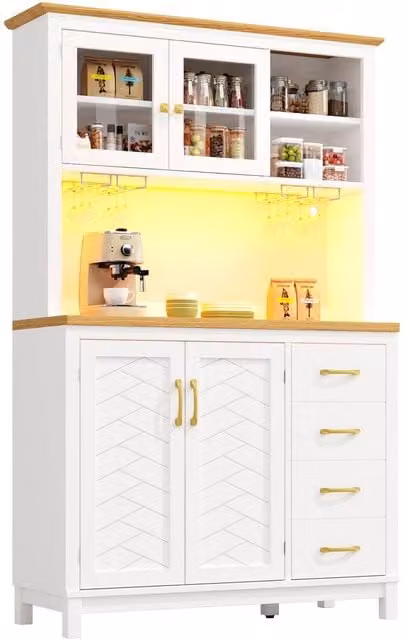 Merax Kitchen Pantry Cabinet Sideboard with Hutch, LED Lighting and Wine Glass Racks, White, W/D/H: 105.5 x 40 x 180 cm – 1