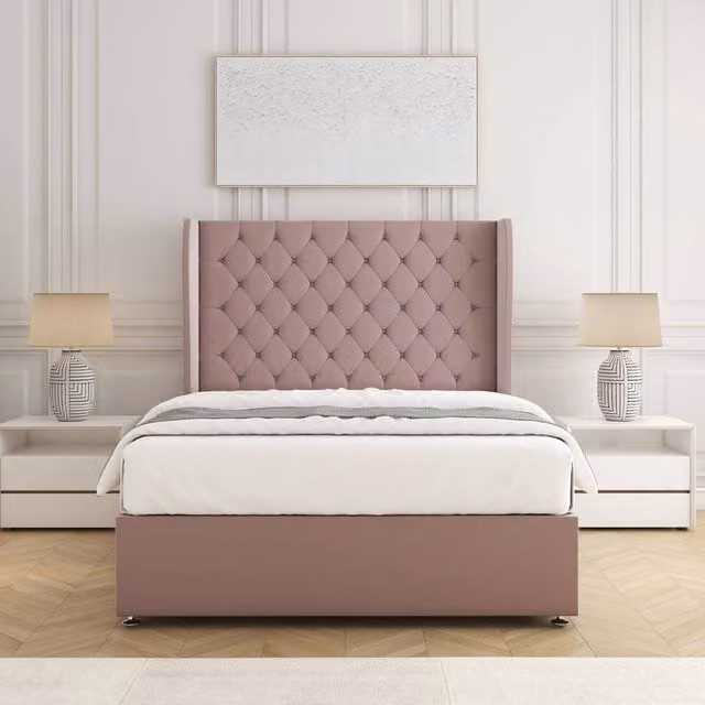 BSSPOKE Amelia Divan Bed Set with 54 inch Plush Velvet Headboard and Mattress in Pink, King Size, W/D/H: 180 x 200 cm