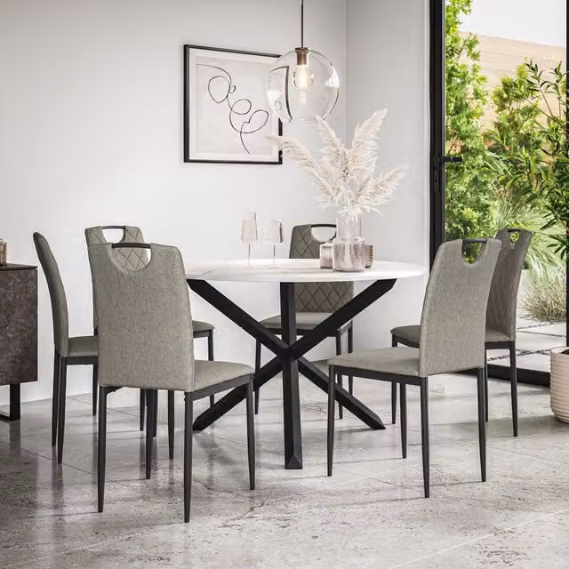 More4Homes Malvern Round Dining Table and 6 Monza Fabric Chairs Set, Marble Table Top with Solid Oak Black Legs, Grey