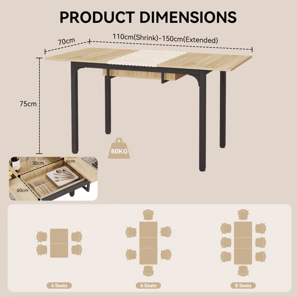 Nordara Modern Extendable Rectangular Wood Dining Table in Brown, H 75 cm x W 150 cm x D 80 cm (with Butterfly Leaf) – 2