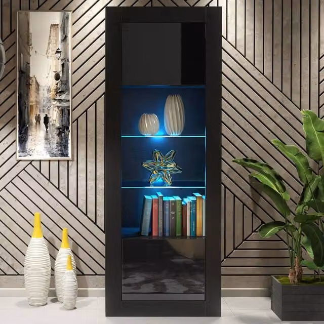 Creative Furniture Illume Modern Black Glossy Display Cabinet with LED Lighting and Glass Doors, H 170 x W 63 x D 35 cm – 1