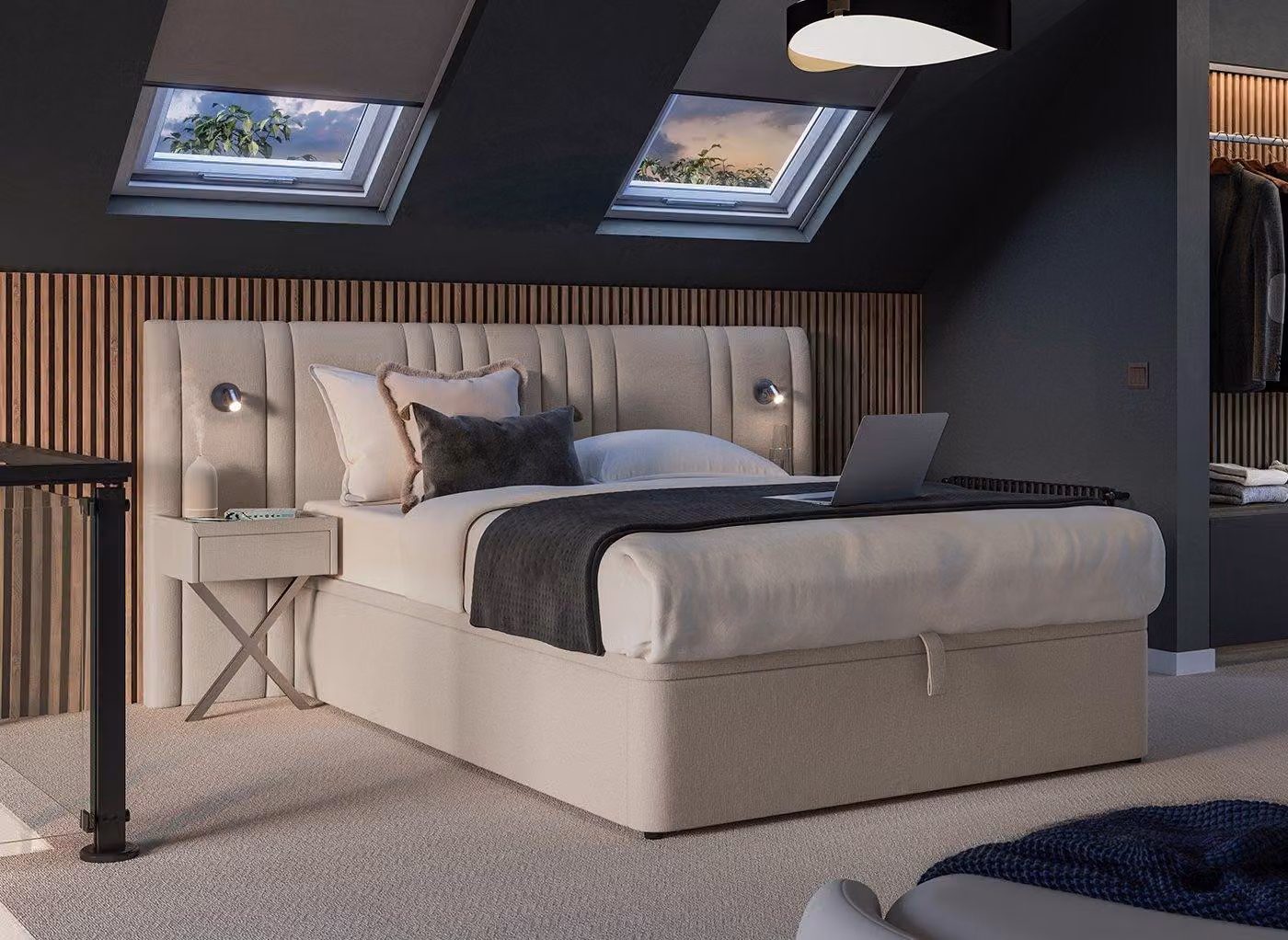 Dreams Madison Ottoman Hotel Bed in Beige Fabric with Integrated Reading Light and Bedside Shelf