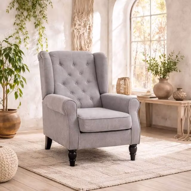 Wyld Haus Grey Fabric Wingback Accent Chair with Solid Wood Frame and Armrests