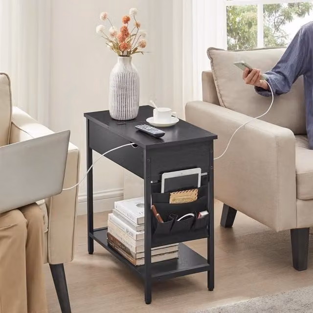 The Bazaarist Slim Black Bedside Table with USB Charging Port and Storage Drawer, W/D/H: 31.5 x 10.6 x 60 cm