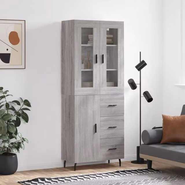 Berkfield Home Grey Sonoma Highboard with Glass Doors and Internal Shelves, W/D/H: 69.5 x 34 x 180 cm – 1