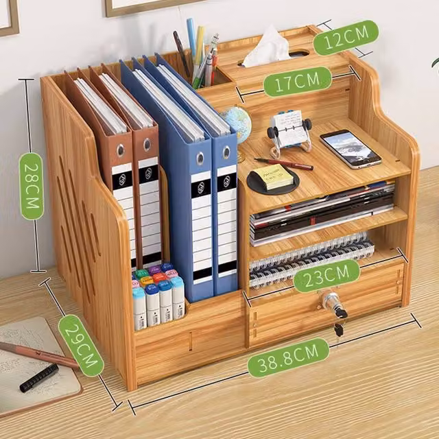 FLAVORA Wooden Desktop Office Storage Organizer with Drawer in Natural, W: 29 cm, D: 38.8 cm, H: 28 cm