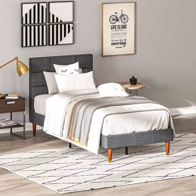 HOMCOM Modern Upholstered Bed Frame with Wooden Headboard in Grey, W/D/H: 180 x 200 cm