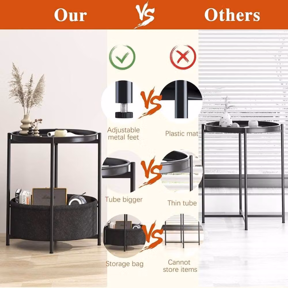 Huhote Round 2-Tier Side Table with Fabric Basket in Black – 2