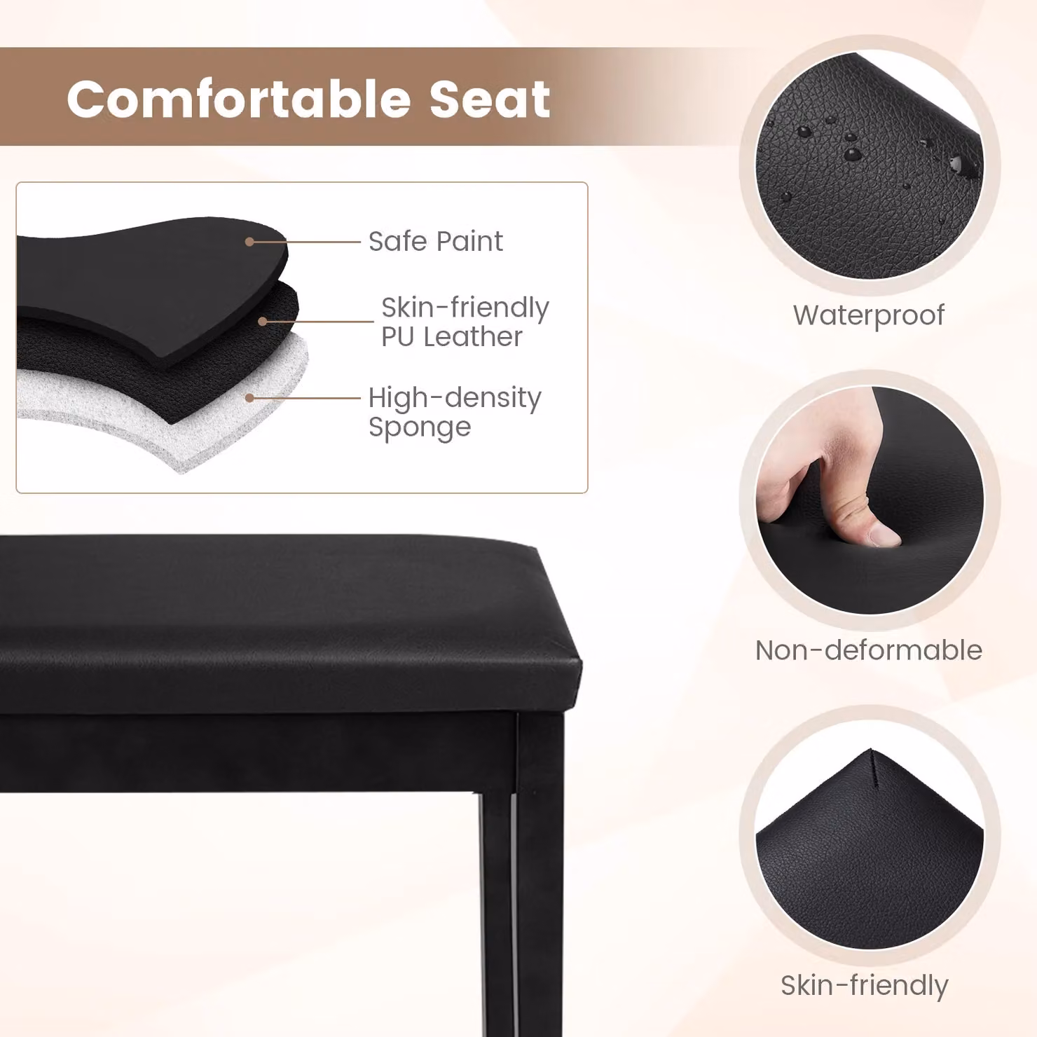 Costway 2-in-1 Black PU Leather Piano Bench with Double Duet Seat and Padded Music Storage – 3