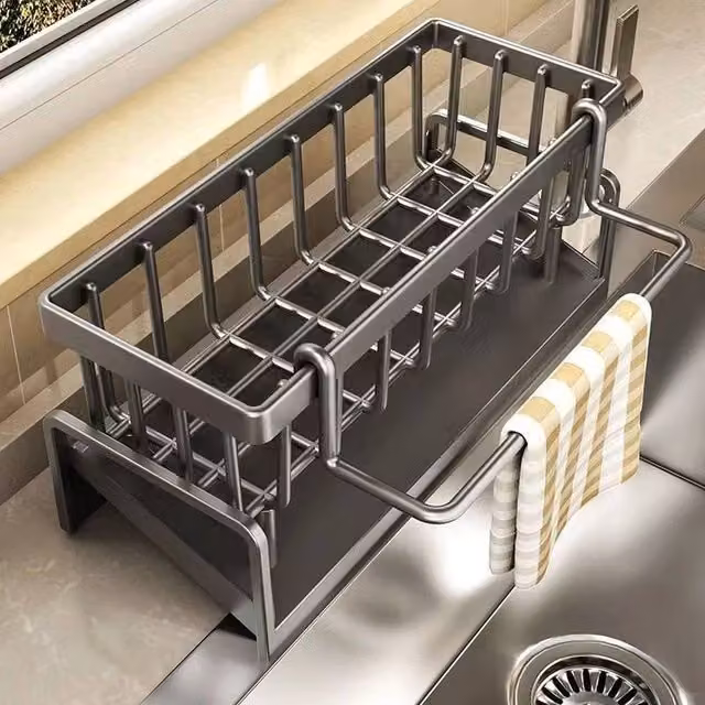 SPETLEK Kitchen Sink Caddy with Towel Rail and Sponge Holder in Grey – 1