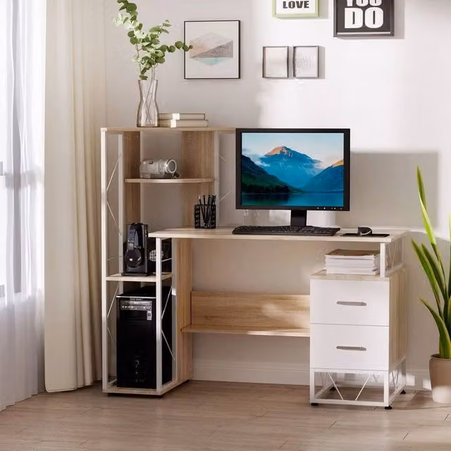 FORGEVIO Multicolour Computer Desk with 2 Drawers and Multi-Shelves