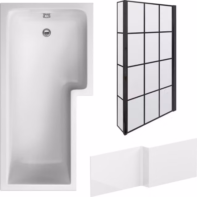 Balterley L Shape Shower Bath Set with White Panel and Black Grid Right Hand Return Screen, W/D/H: 170 x 85 x 85 cm