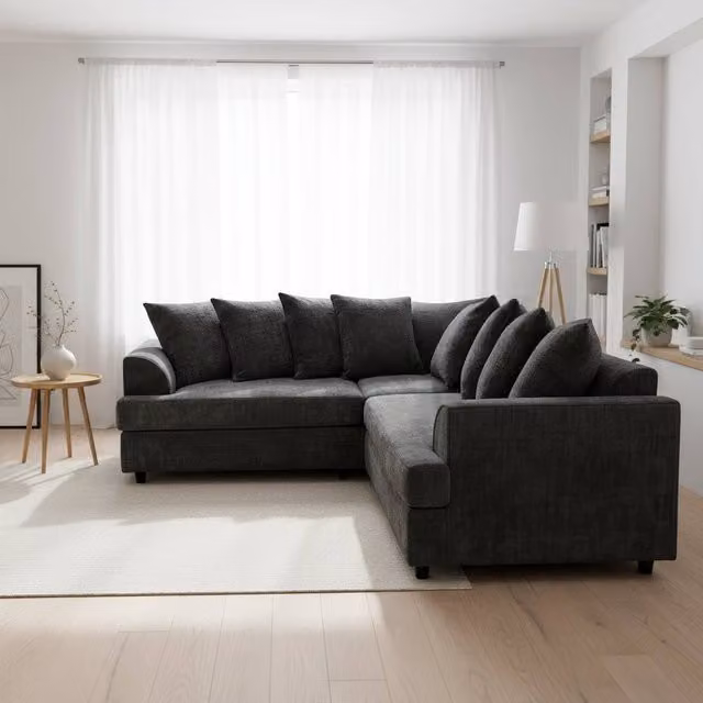 Abakus Direct Ferguson L-Shape Chenille Corner Sofa with Deep Seats and Scatter Cushions in Black or Grey