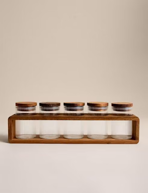 M&S Set of 5 Ribbed Transparent Glass Spice Jars with Wood Lids
