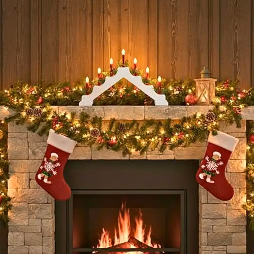 Shatchi White and Red Plastic Candle Bridge Christmas Tabletop Decoration H30 x W50 x D6.5 cm – 7