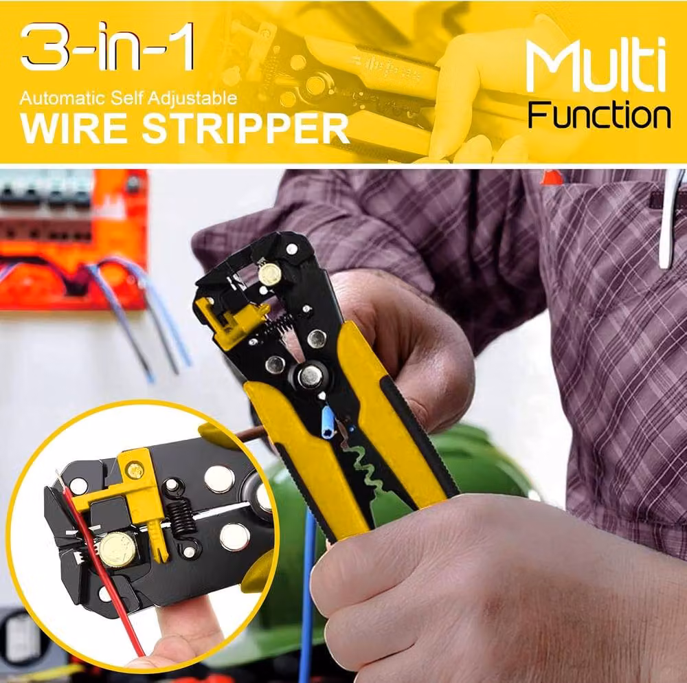 ATEK 3-in-1 Electrical Wire Strippers, Cutters and Terminal Crimper in Yellow – 9