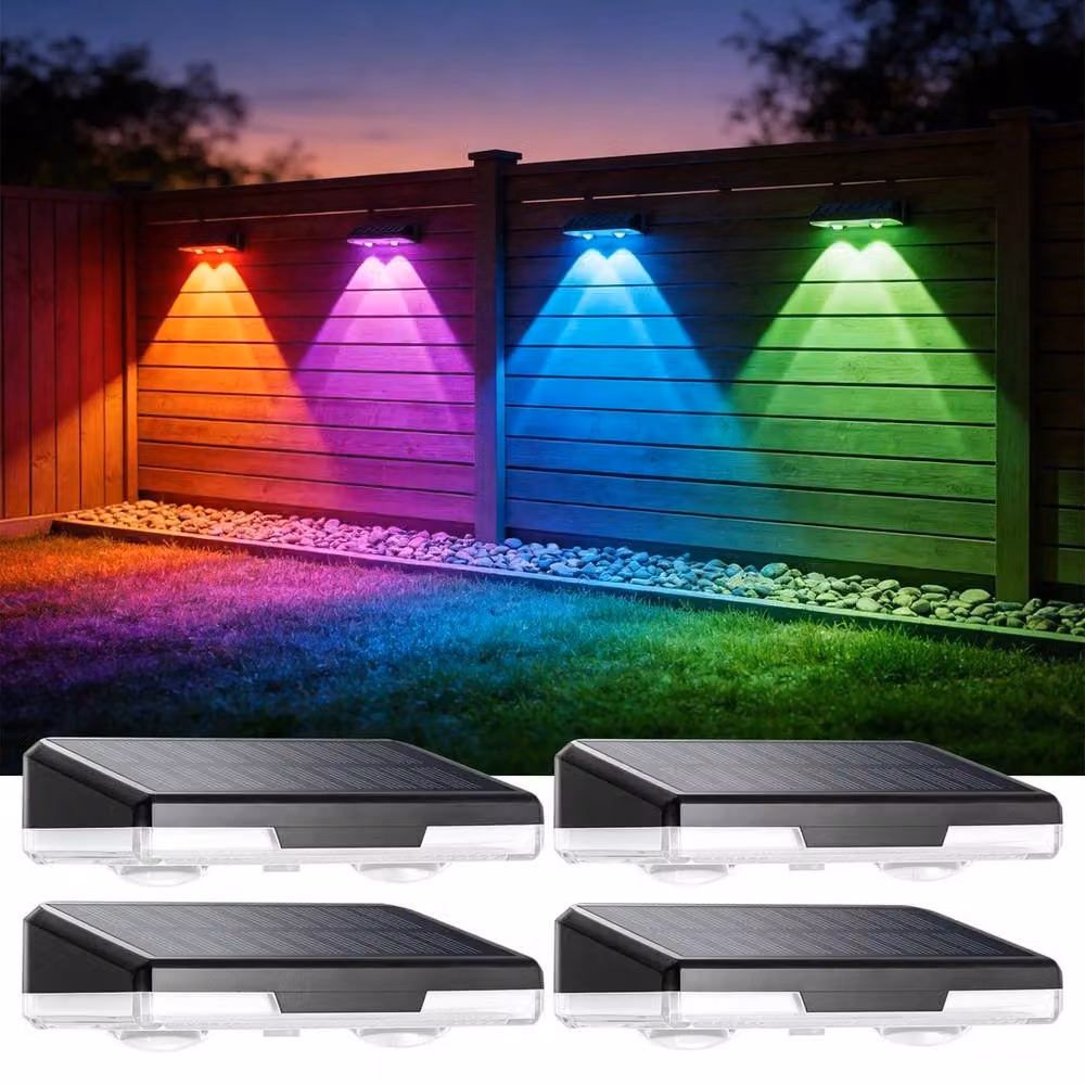NESTLUNE Set of 4 Multicolour RGB Solar Powered LED Wall Mounted Garden Lights in Black – 6