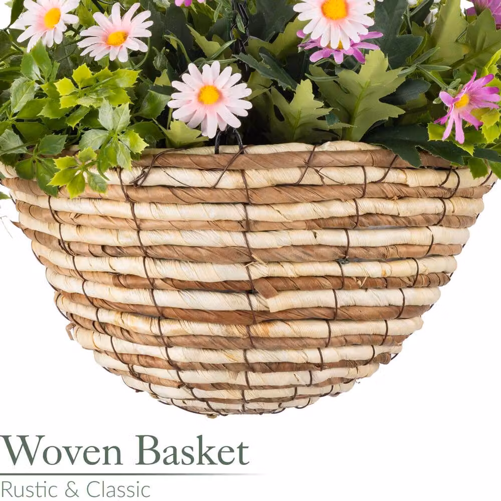 Christow Artificial Daisy Woven Hanging Basket in Yellow, Pink or Multicolour, Diameter: 25 cm – 4