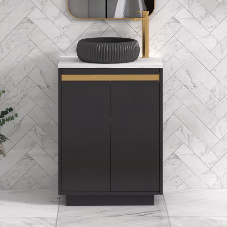 Royal Bathrooms Orion 600mm Matt Obsidian Black Floor Standing 2 Door Vanity Unit with Milan Black Basin and Brushed Brass Accent Trim