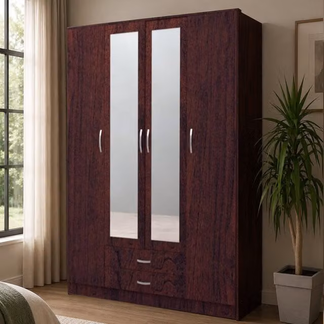 Roma Dark Cherry 4 Door Wardrobe with Mirror and 2 Integrated Drawers, Width: 189 cm