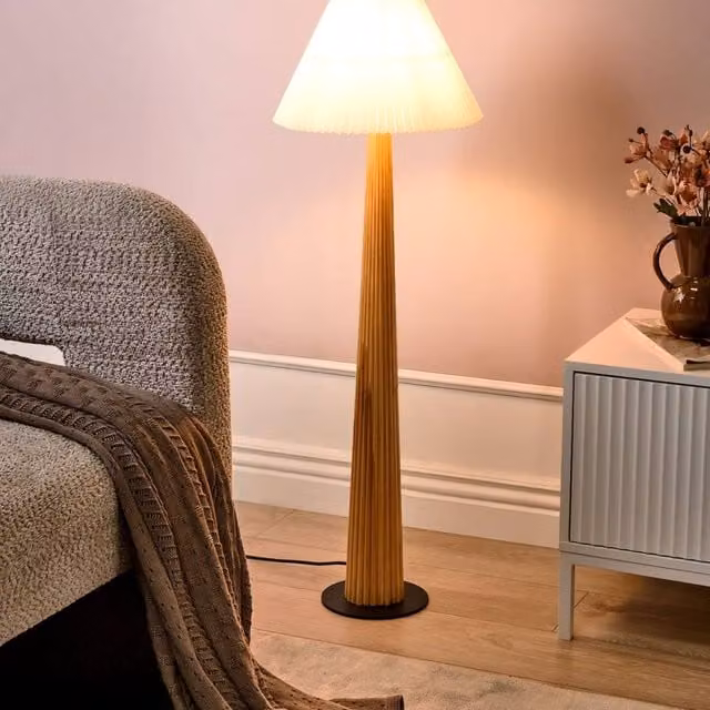 Wyld and Coco Industrial Floor Lamp with White Fabric Shade and Wood Base