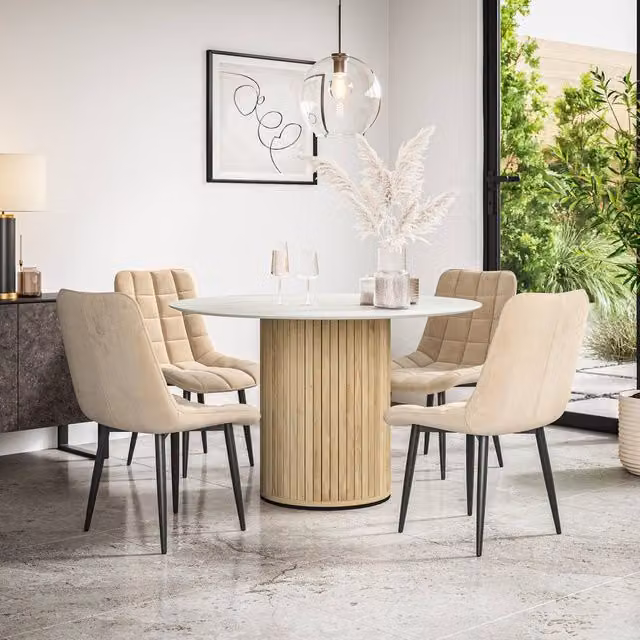 More4Homes Arlo White Marble Top Round Dining Table with Oak Legs and 6 Nova Beige Velvet Dining Chairs Set