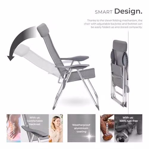 tectake Set of 4 Grey Folding Aluminium Garden Chairs with Adjustable Headrests – 4