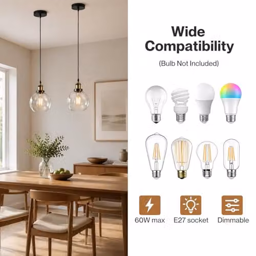 Emitto Set of 2 Industrial Glass Sphere Pendant Lights in Black with Transparent Shades and Adjustable Cables – 6