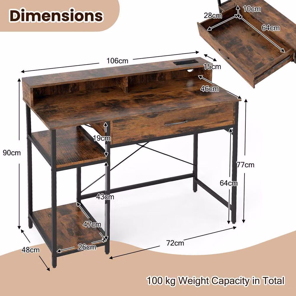 Costway Modern Wooden Computer Desk with Shelf in Brown – 2