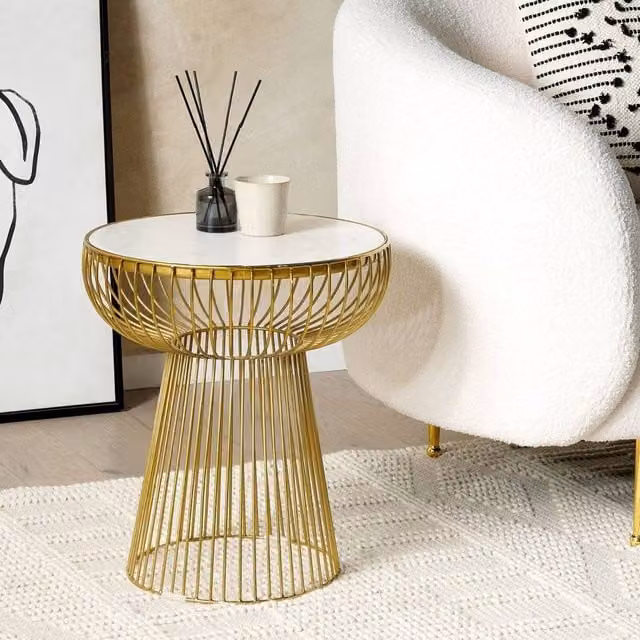 Wyld and Coco Glam Living Side Table with White Marble Top and Gloss Gold Frame, Height: 42 cm