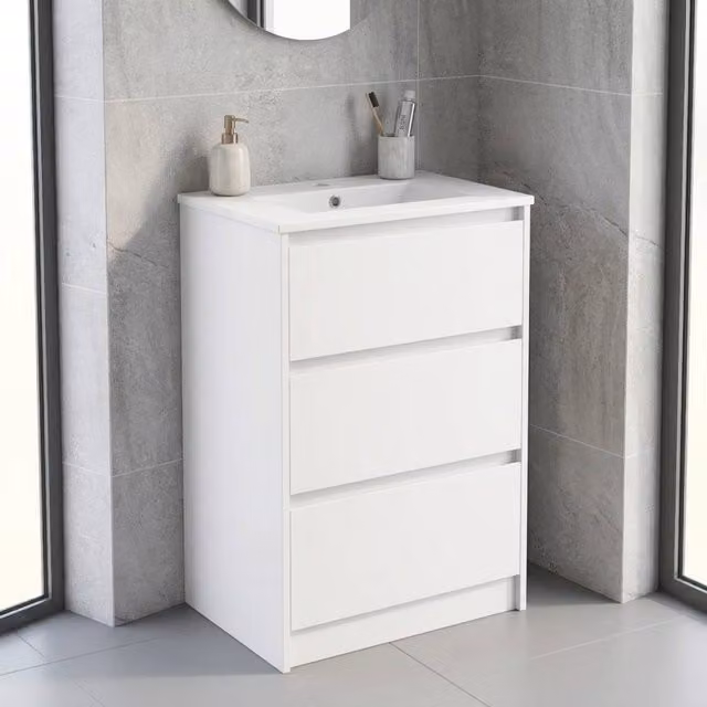 STILVORA Modern Glossy White Bathroom Vanity Unit with Basin and 2 Drawers – 1