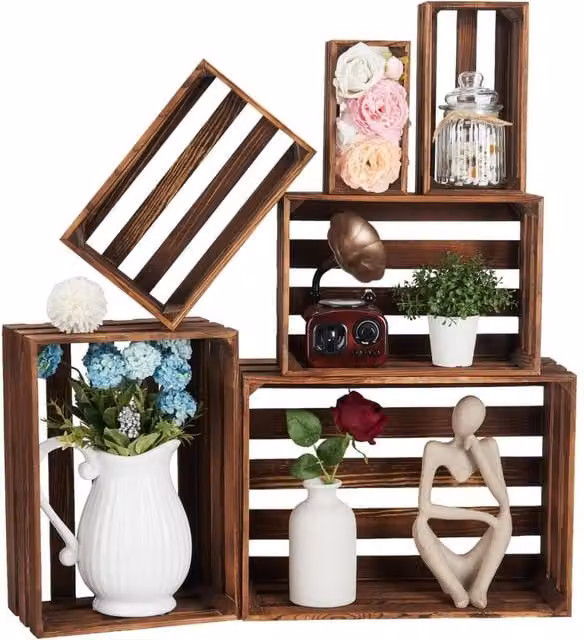VOGREX 6 Piece Set of Slatted Natural Wood Storage Crates in Brown and Multicolour