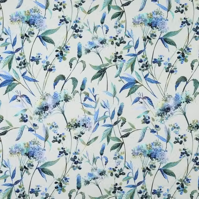 Linda Barker Yarrows Floral Cotton Fabric in Midnight Silver, Blue and Grey