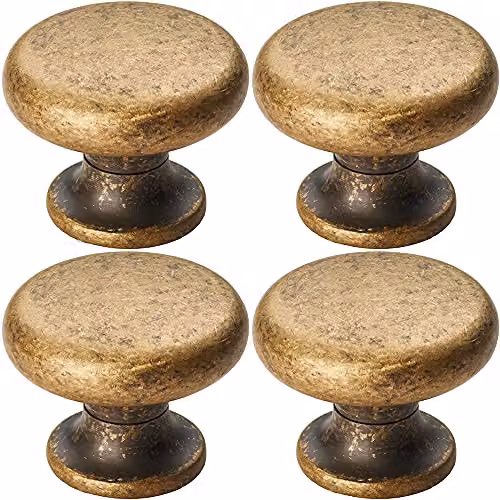 Loops 4 Pack Flat Faced Round Door Knobs in Antique Brass, Diameter: 34 mm