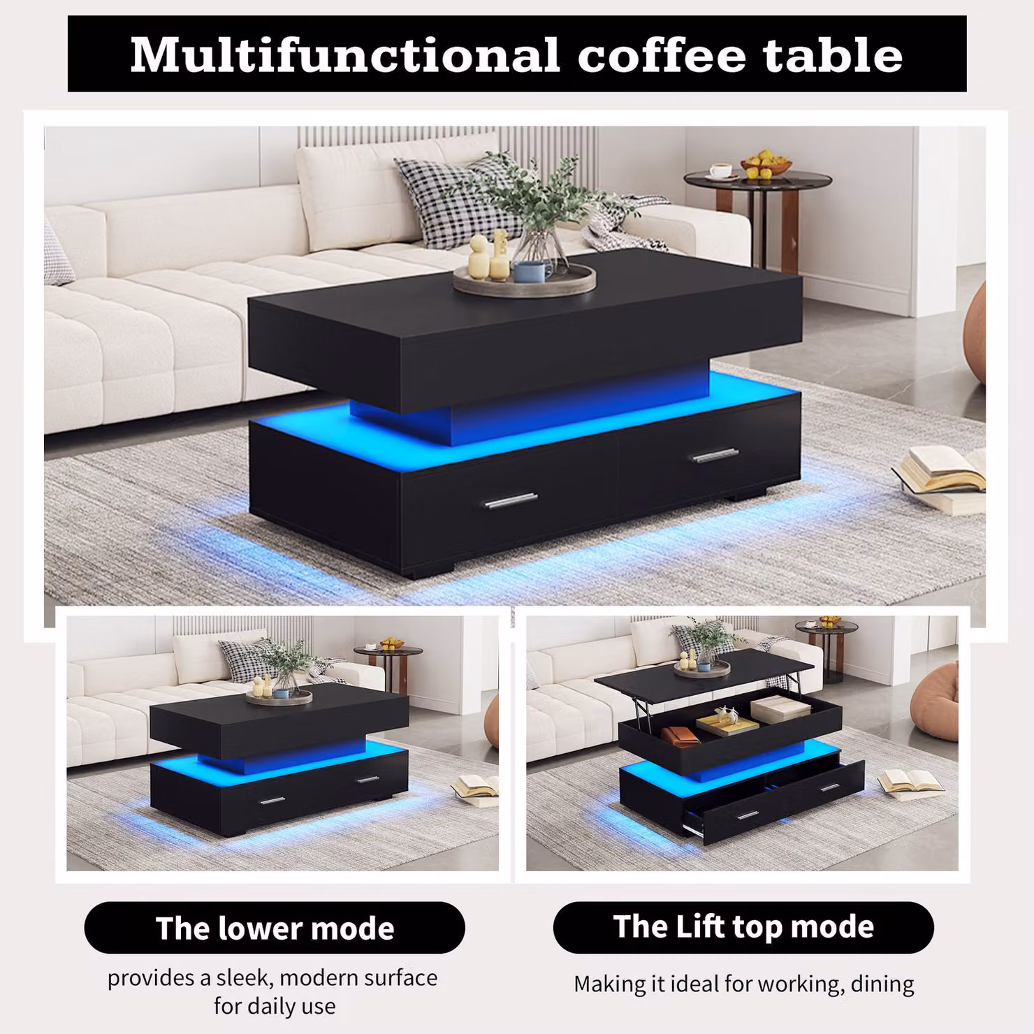 Aosom.UK Black Hydraulic Lift Top Coffee Table with LED Lighting and 2 Drawers, W: 100 cm, D: 50 cm, H: 44 cm – 7