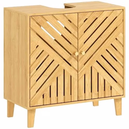 HOMCOM Natural Bamboo Under Sink Bathroom Cabinet with Slat Hinged Doors, W: 60 cm, D: 30 cm, H: 60 cm